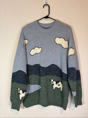 Cows In Pasture Graphic Knit Cloudy Sky Cow Print Grandpa Sweater Crewneck